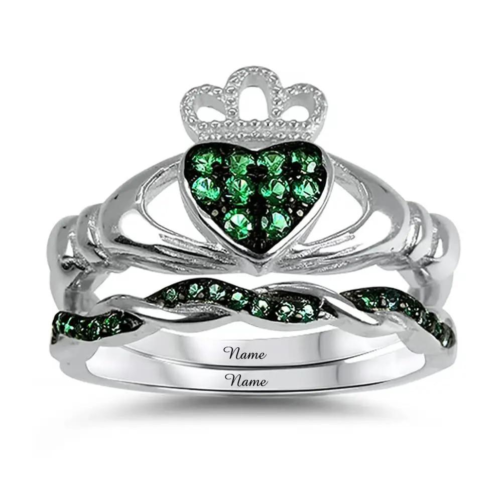 YFN Customized 18K White Gold Emerald Green Cubic Zirconia Heart-Shaped Engagement Ring with Ring Enhancer and Engraving